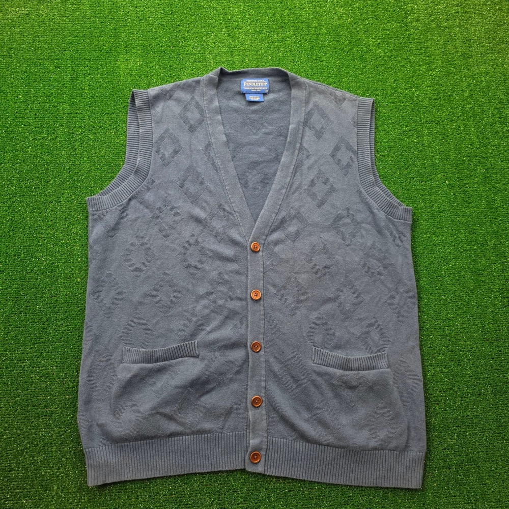 Pendleton Diamond Jacquard Button-Front Cardigan Sweater Vest Mens Large Blue